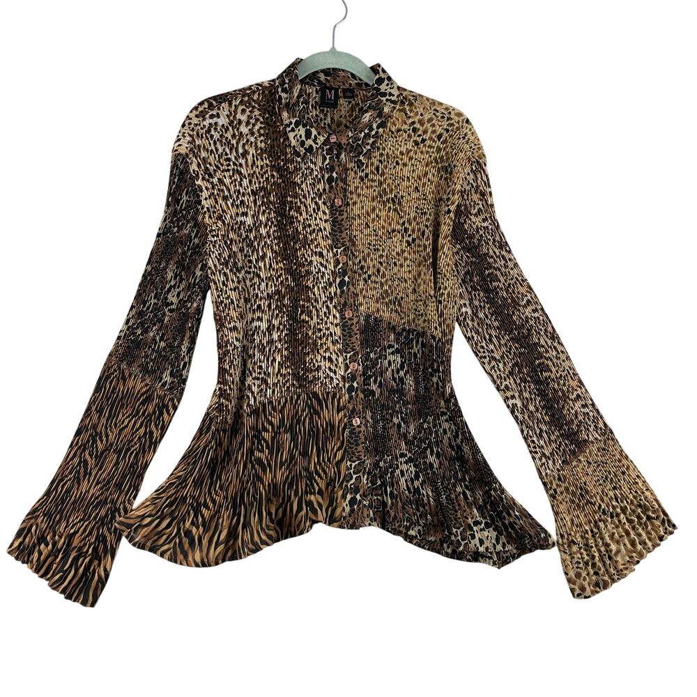 Milano Long Bell Sleeve Accordion Blouse Women Lg Lolita Brown Mixed Print Sexy